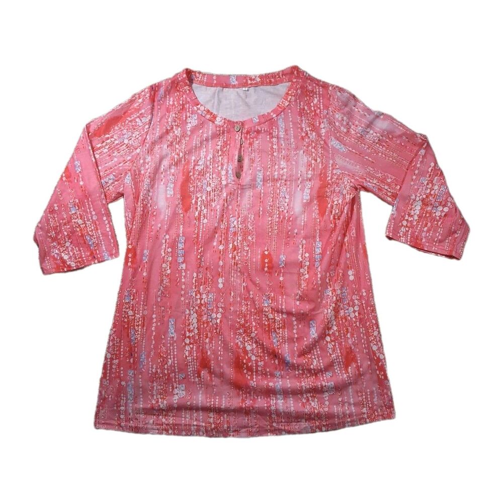 Pink Abstract Print Henley Top 3/4 Sleeve Buttons Boho Blouse Women’s LARGE
